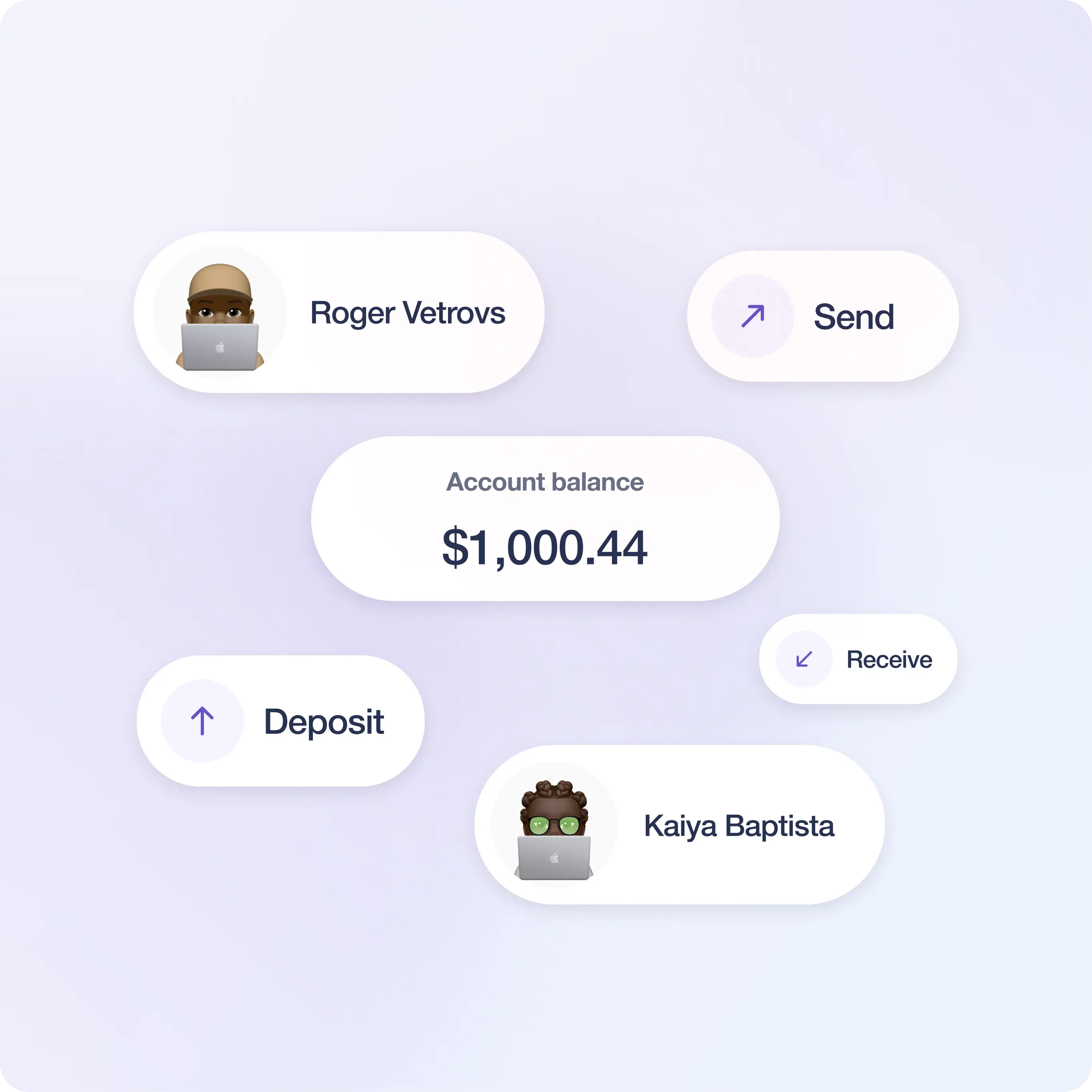 Umoja Protocol app screen displaying an account balance of $1,000.44. The screen includes options to 'Send,' 'Receive,' and 'Deposit' funds. There are avatars representing two users: Roger Vetrov with a laptop emoji and Kaiya Baptista with a laptop emoji. The design features rounded, white interface elements on a light purple background.