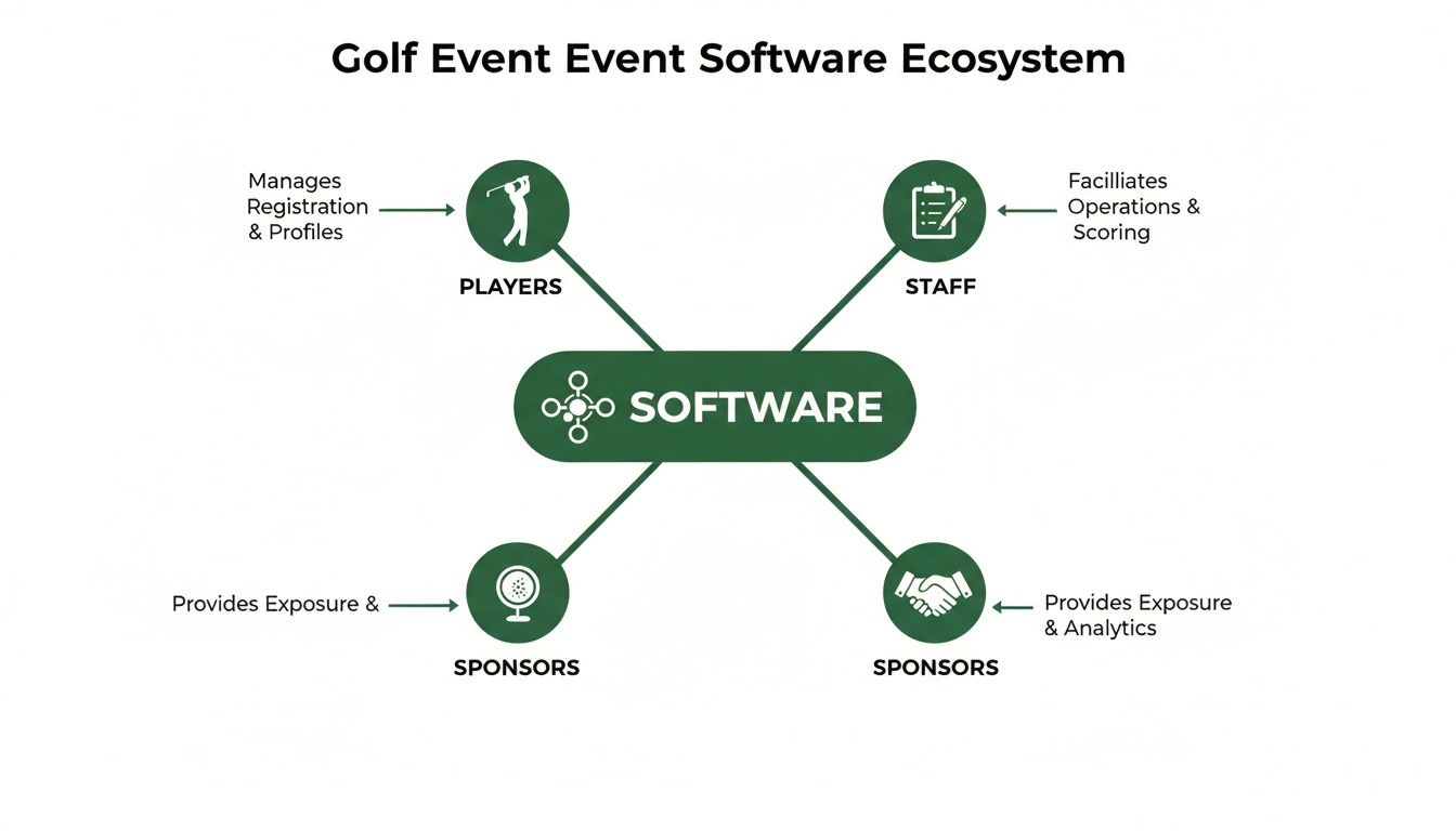 Diagram illustrating a golf event software ecosystem managing player registration, staff operations, and sponsor exposure.