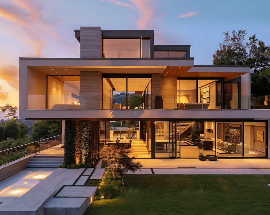 Modern house featuring large windows and an expansive lawn, showcasing contemporary architecture and outdoor space.
