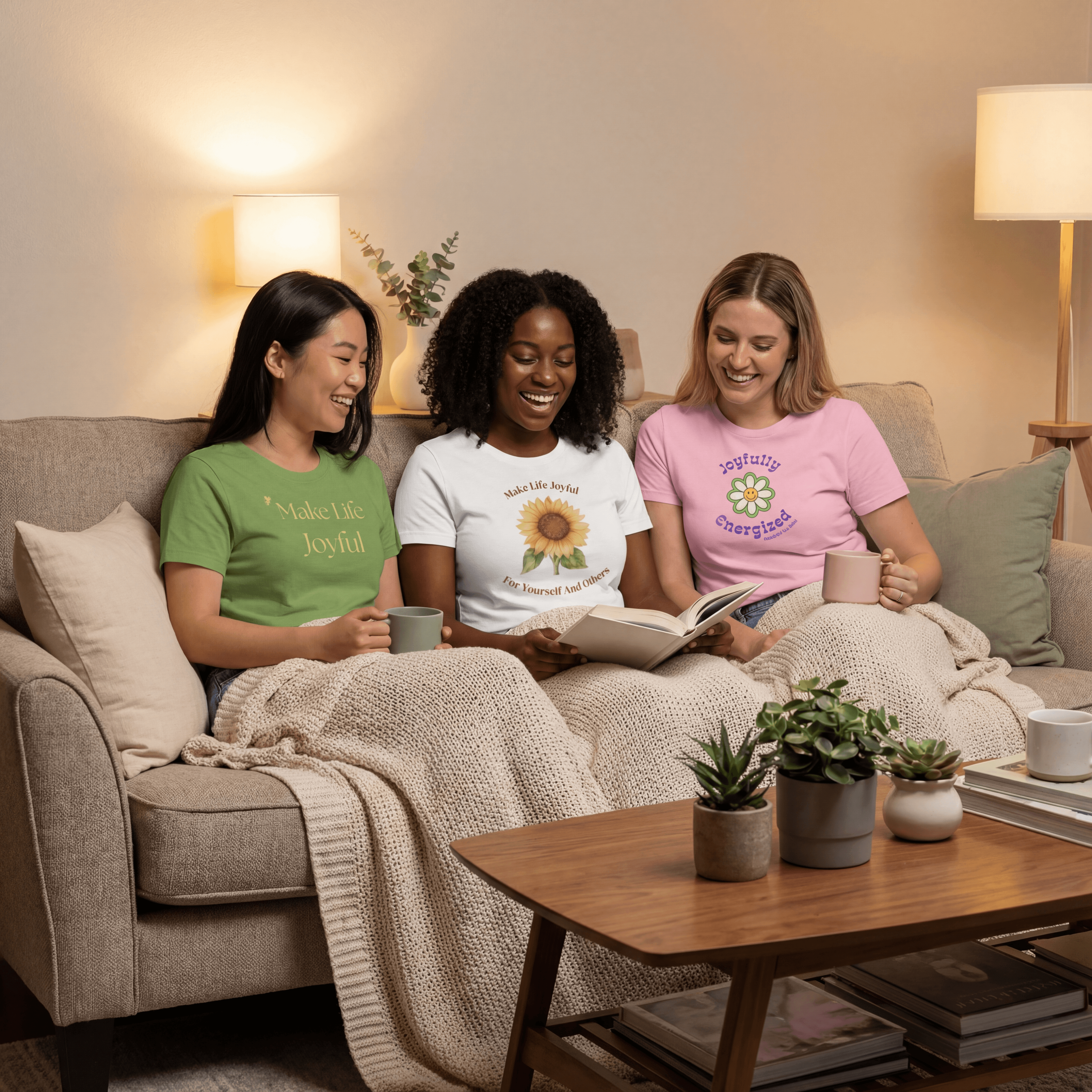 AI product bundle photo: three AI-generated models wearing different t-shirts together on a sofa in a modern living room