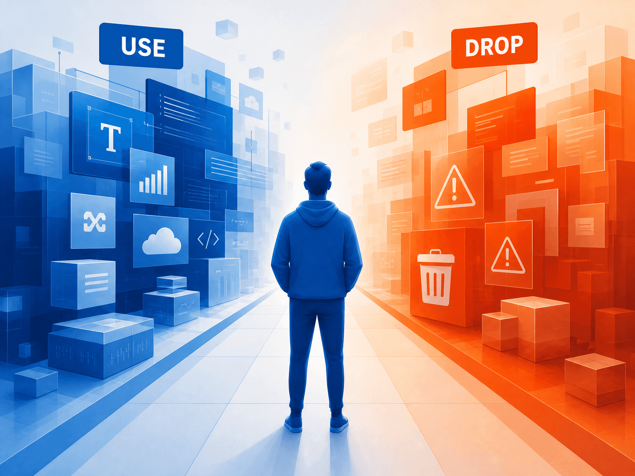 Illustration comparing AI tools to keep versus discard, helping teams choose the right tech stack.