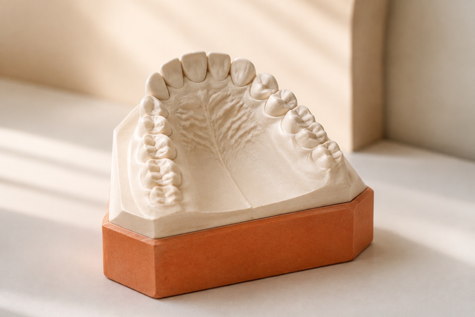 Modelo dental SmartRock marfil sobre una base SmartFluid terracota