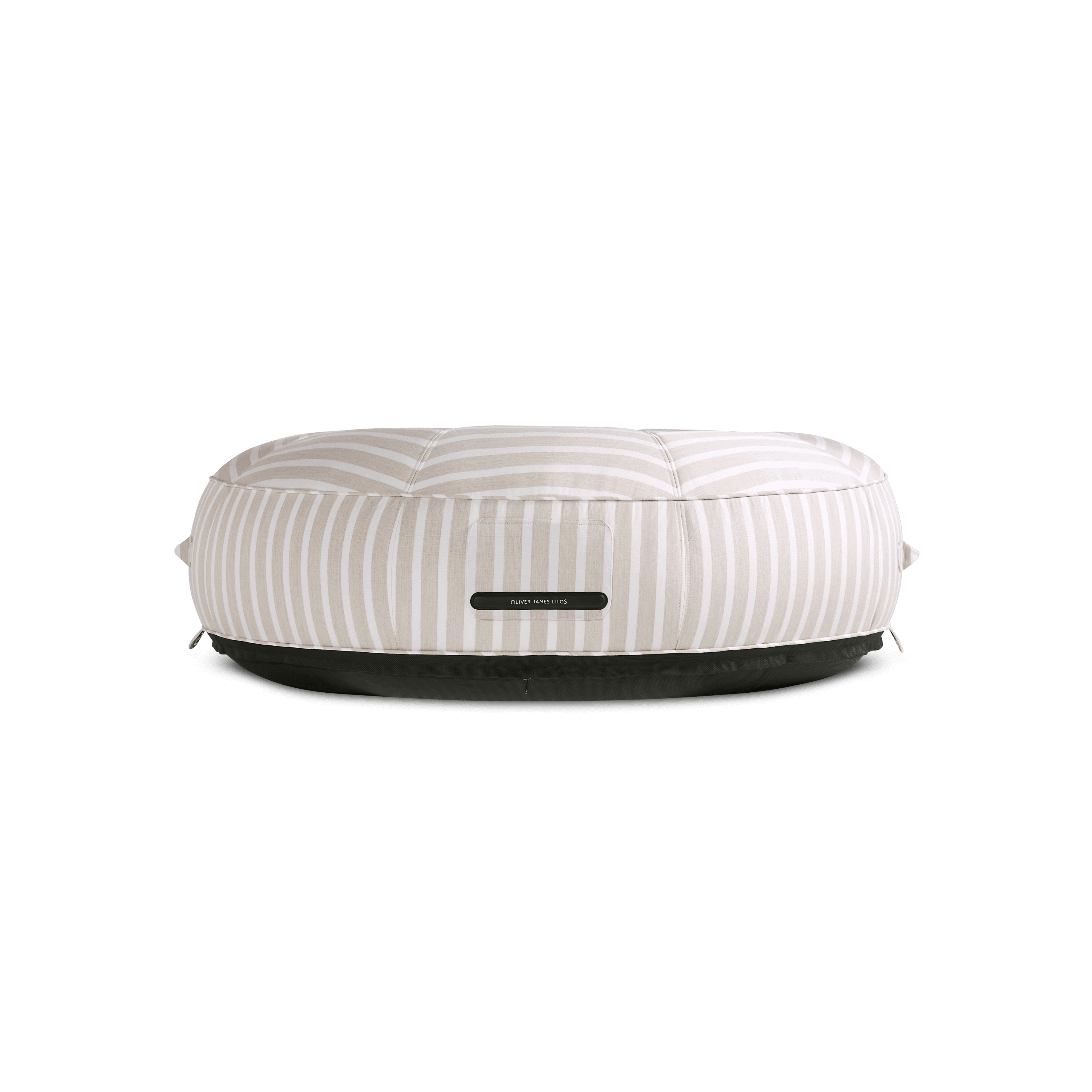 Ring pool float side profile showing beige-and-white striped panels and contrasting dark protective base