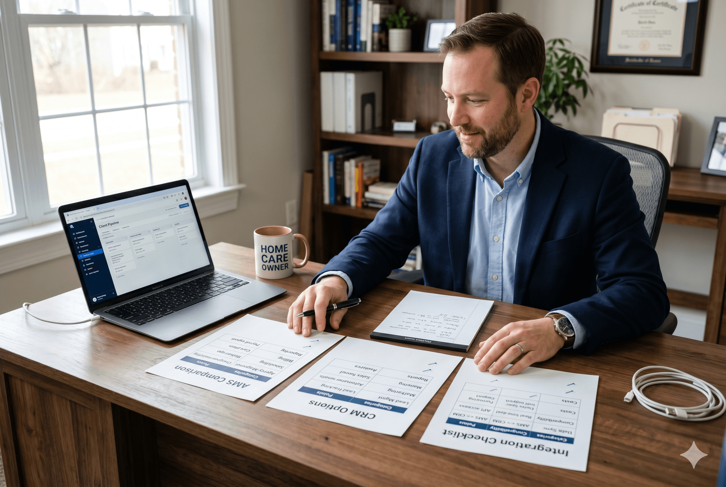 A man in a suit jacket sits at a large wooden desk in a home office, looking down at three printed documents with a thoughtful smile. The titles on the papers are "AMS Comparison," "CRM Options," and "Integration Checklist." He is holding a pen. To his left, there is an open laptop displaying a "Client Pipeline" dashboard and a mug that reads "Home Care Owner." Sunlight streams in from a large window to his left. The background includes a bookshelf filled with books and framed items on the wall.