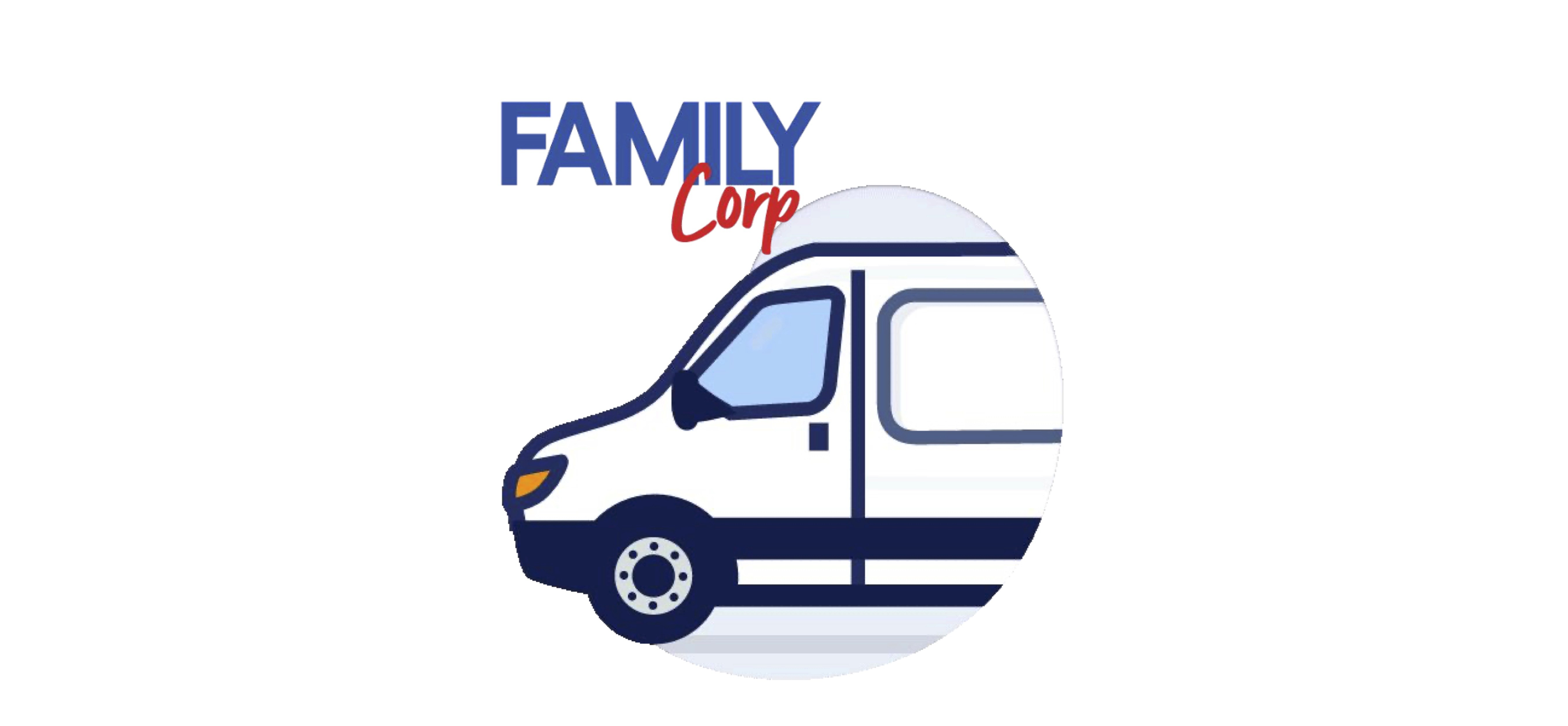 Family Corp logo with bus background for GPS app for driver navigation, trip info, directions, and real-time tracking.