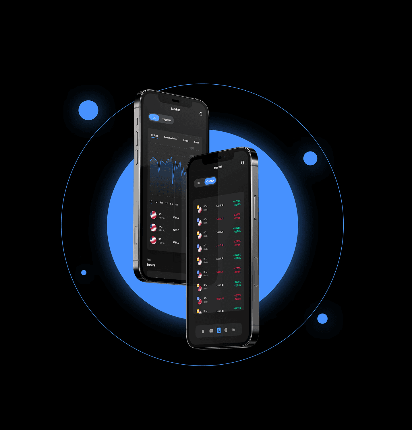 Fintech mobile app UI/UX design with dark theme for tracking cryptocurrencies and investments.
