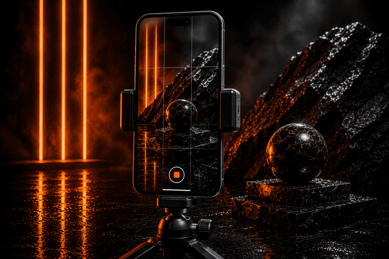 Dark abstract scene with a smartphone on a tripod filming a cracked black sphere on stacked cubes, with glowing orange neon lights and a rocky background.