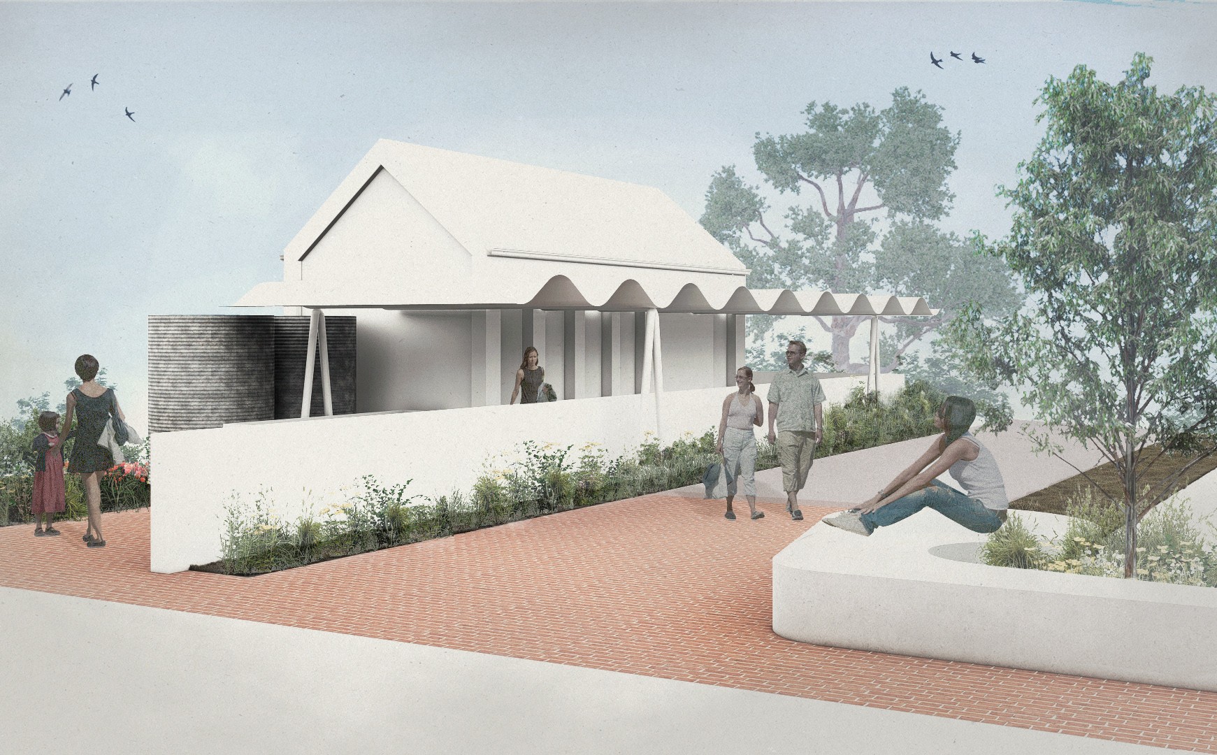 public toilet with wavey awning and people around it