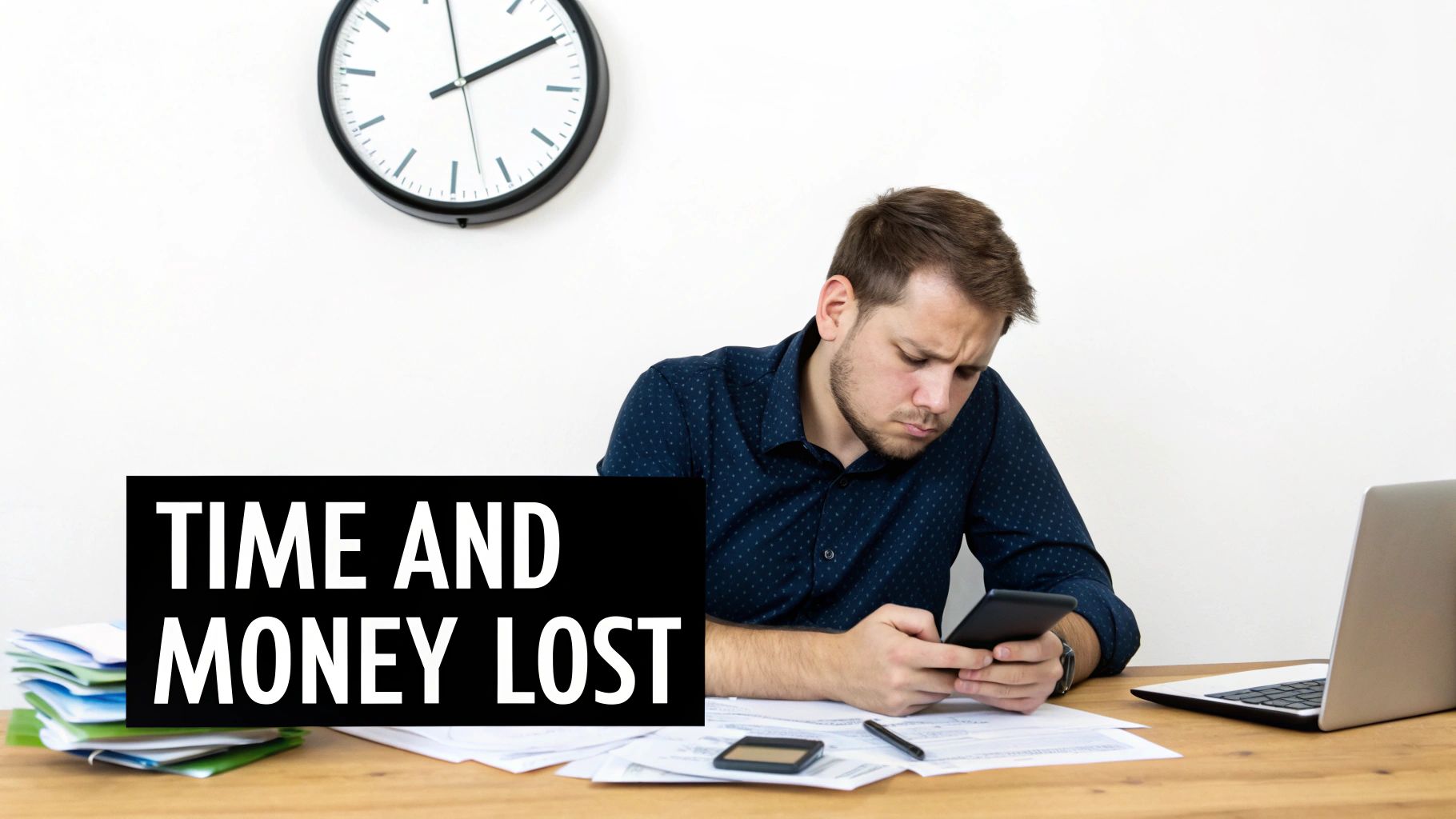 A frustrated man looking at his phone at a desk with documents, a laptop, and a clock, with text overlay