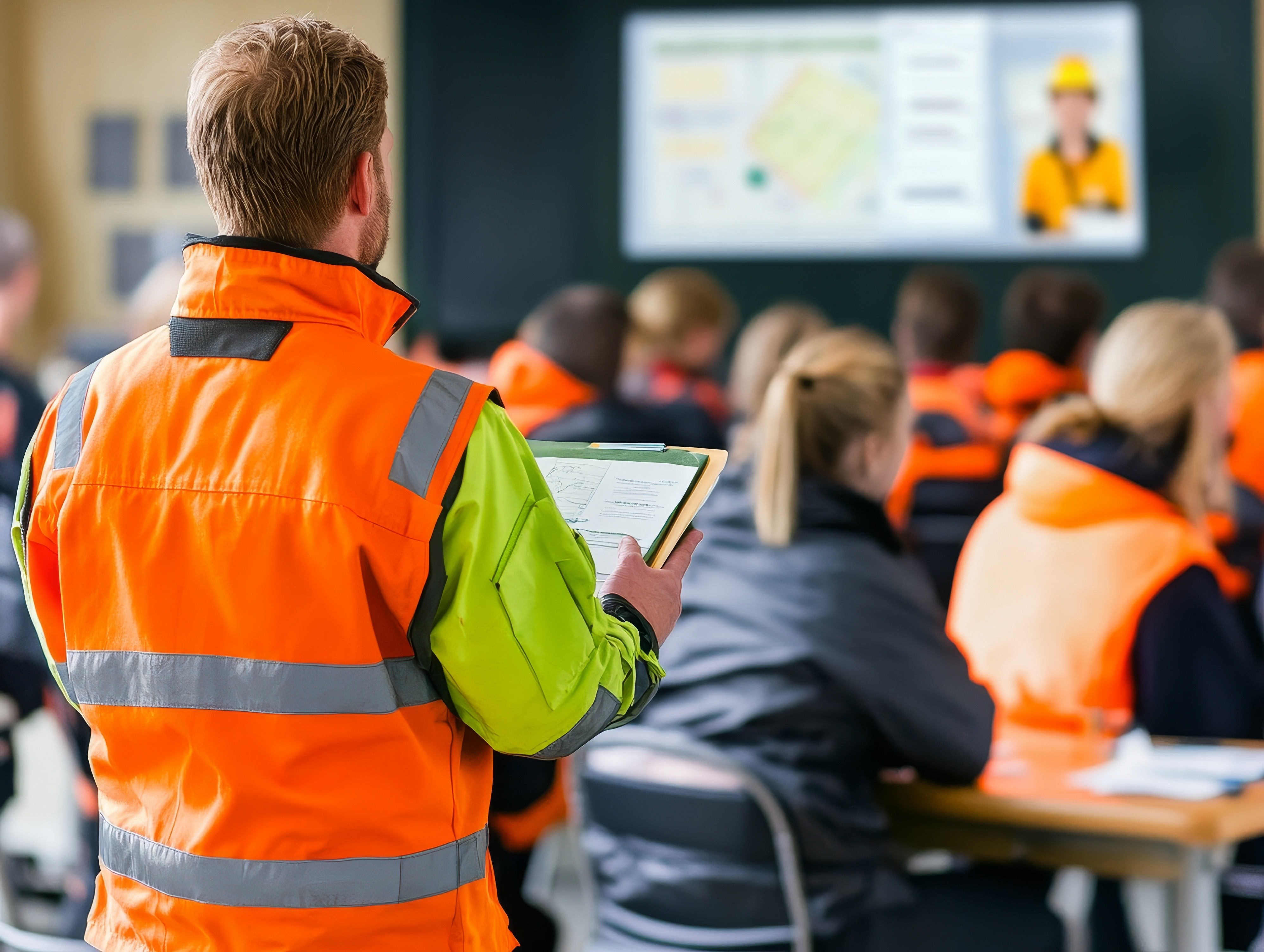 A safety training session with workers wearing high-visibility vests, led by an instructor holding a clipboard.