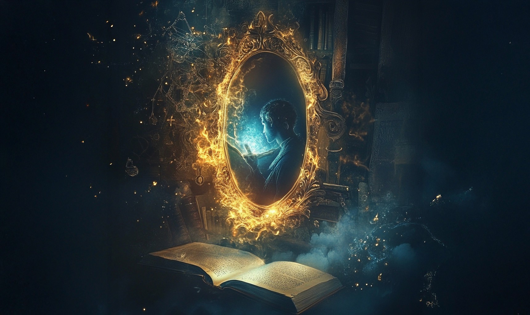 Mystical mirror portal revealing a past life identity in a spiritual astrology app