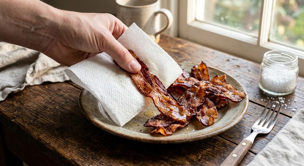 A close-up food photograph showing a hand using a white paper towel to gently blot excess oil from freshly cooked, ultra-crispy pork bacon strips on a rustic wooden kitchen table, illuminated by morning sunlight.