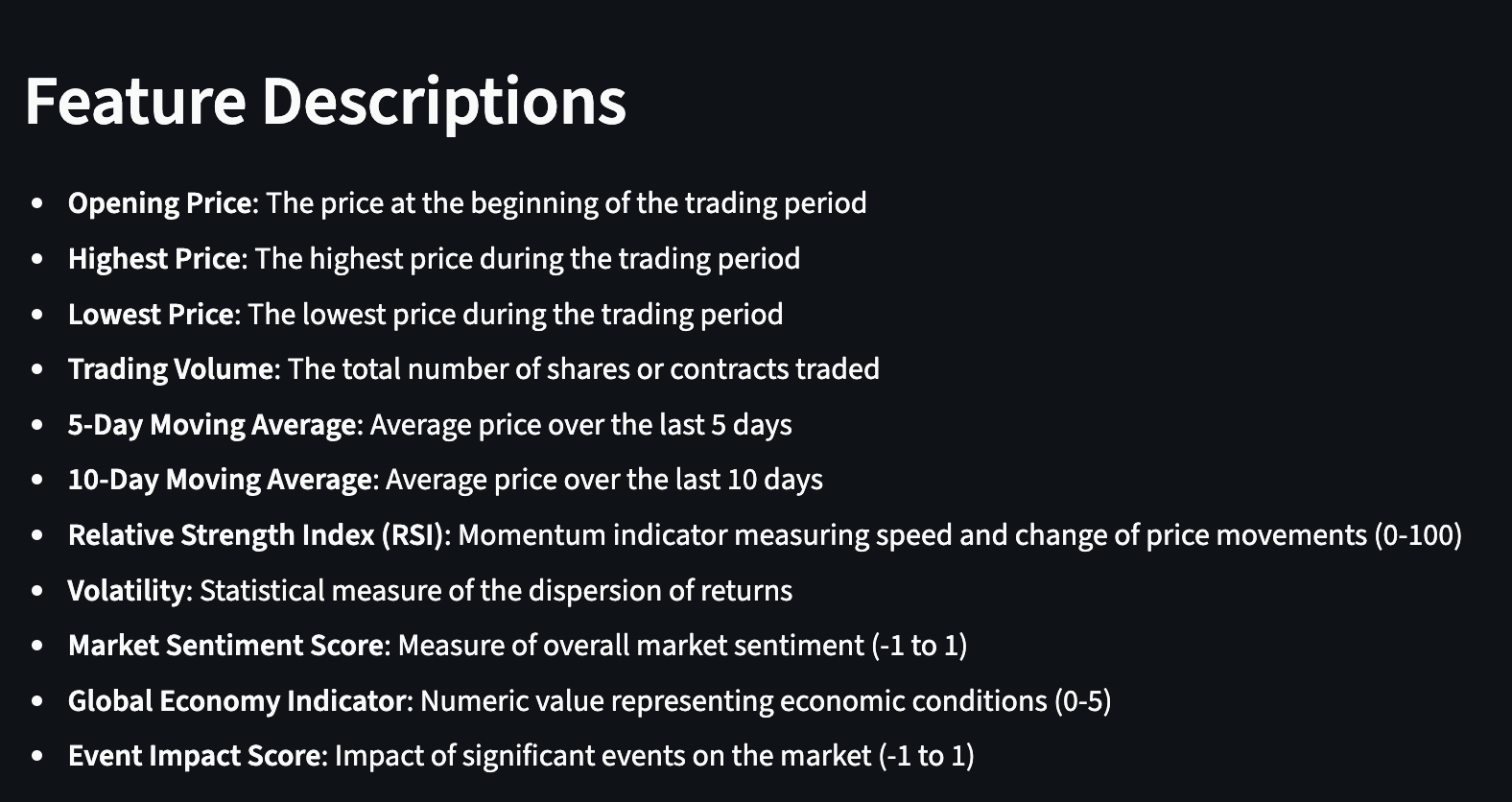 Crypto price movement prediction feature description