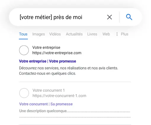 Interface de résultats Google illustrant le référencement d’une entreprise dans les recherches locales.