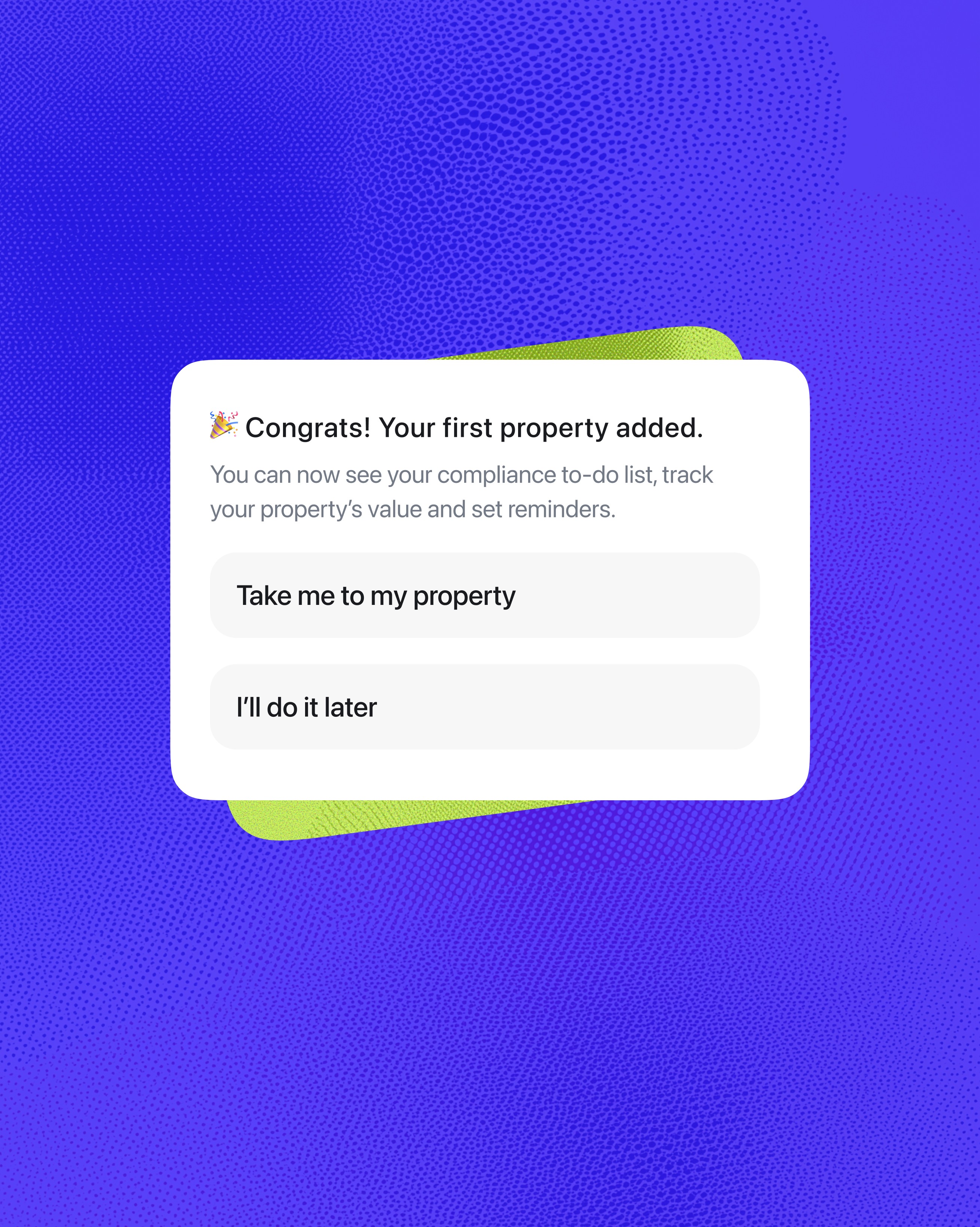 August smart onboarding confirmation after uploading tenancy agreement, with options to view property or set reminders