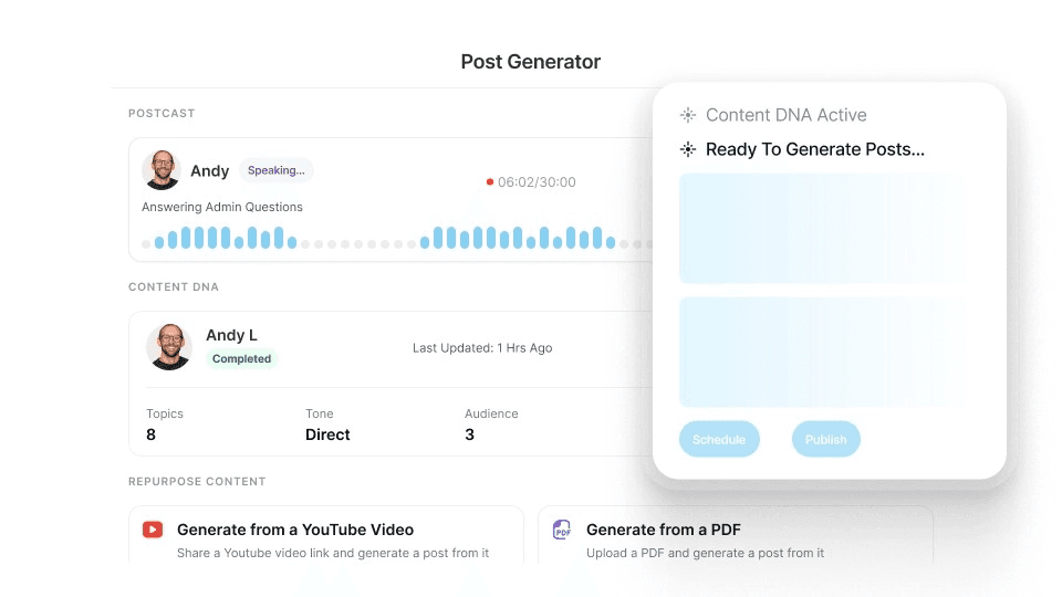 Supergrow's Postcast feature, a post generator that produces LinkedIn-ready posts from guided AI interviews
