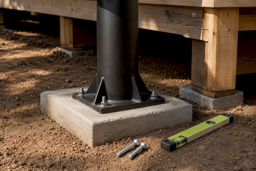 Central stair pole anchored to concrete footing