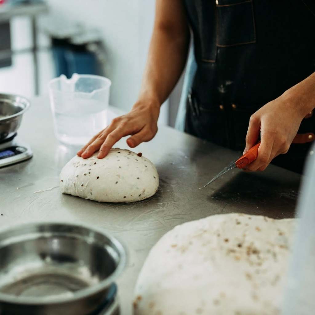 Close-up of a person shaping sourdough bread on a work surface, with a knife and measuring tools in the background.