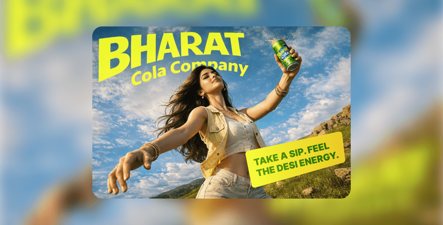 Bharat Cola Company advertisement with woman holding a bottle and tagline "Desi Energy"
