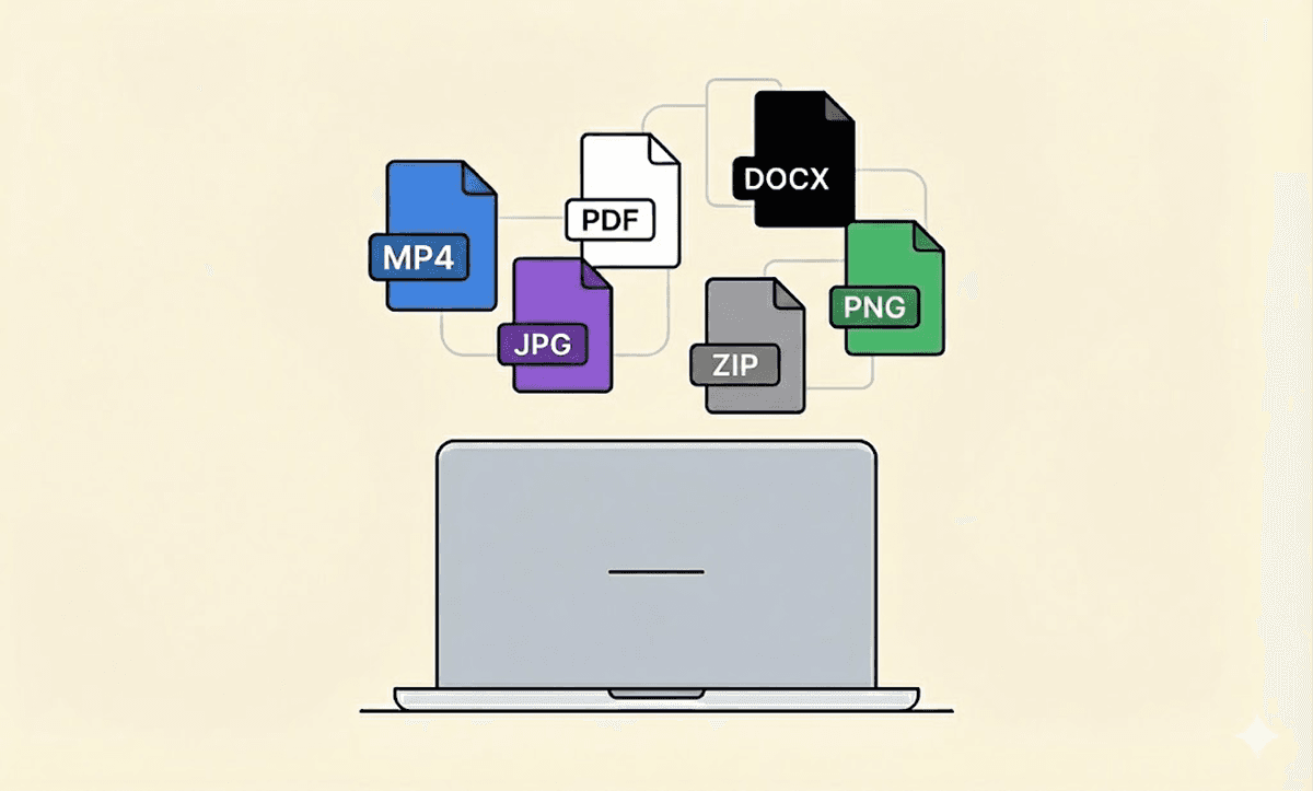Laptop with multiple file format icons like MP4, PDF, JPG, PNG, and ZIP floating above it, representing export and file format options for Premiere Pro.