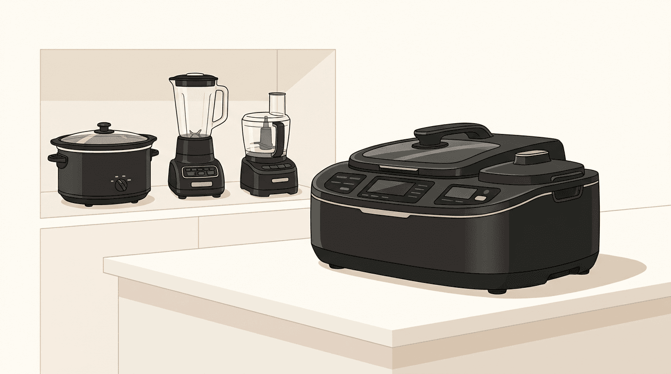 Modern kitchen appliance replacing multiple countertop devices in a home kitchen