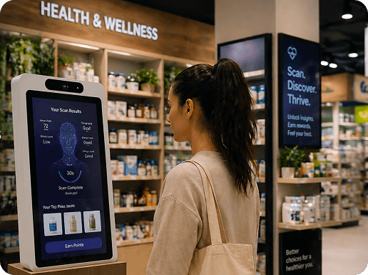 Woman conducting a remote biometrics vitals scan using a kiosk in a retail environment