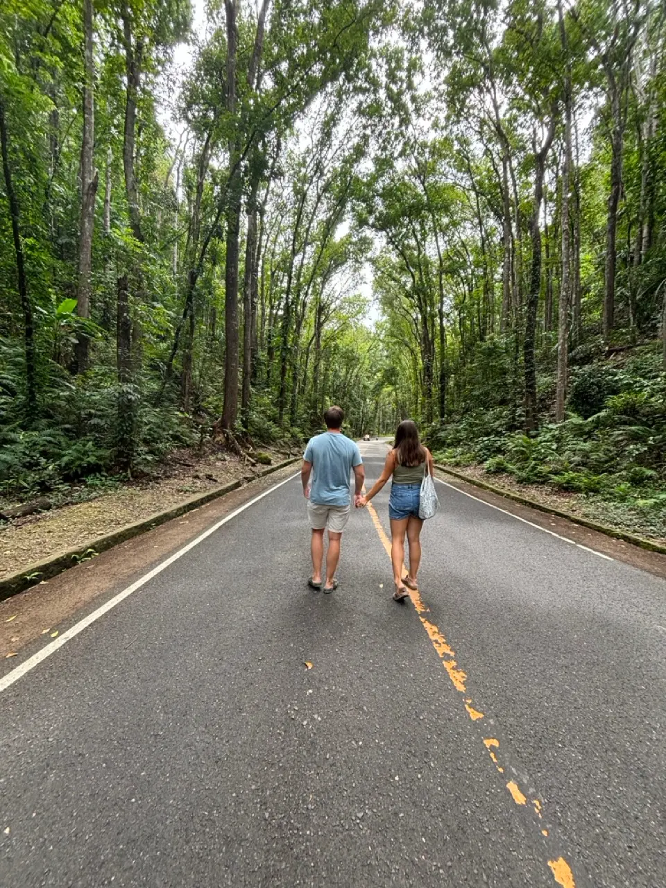 koppel hand in hand op de weg tussen hoge bomen