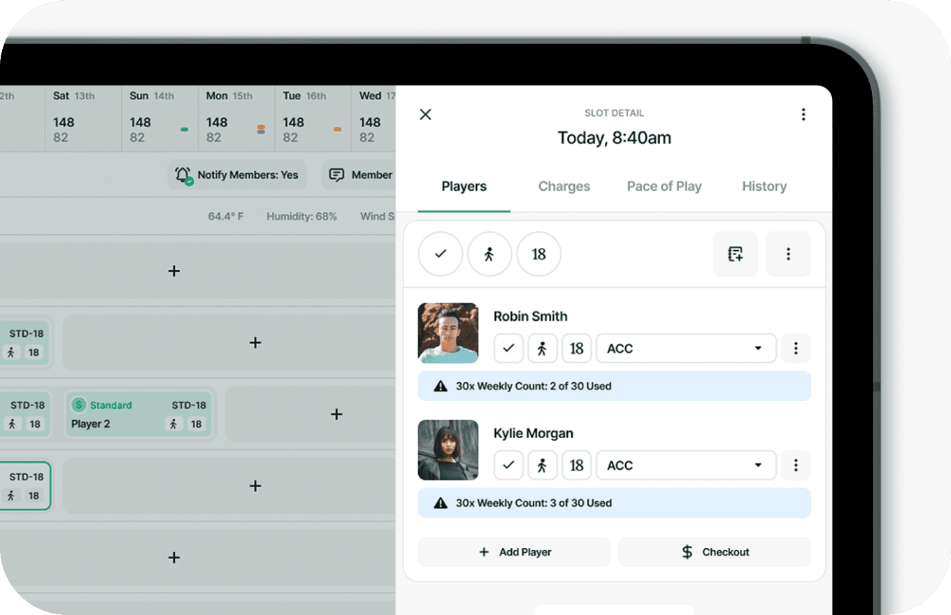 Tablet showing booking restrictions for racquet sports scheduling