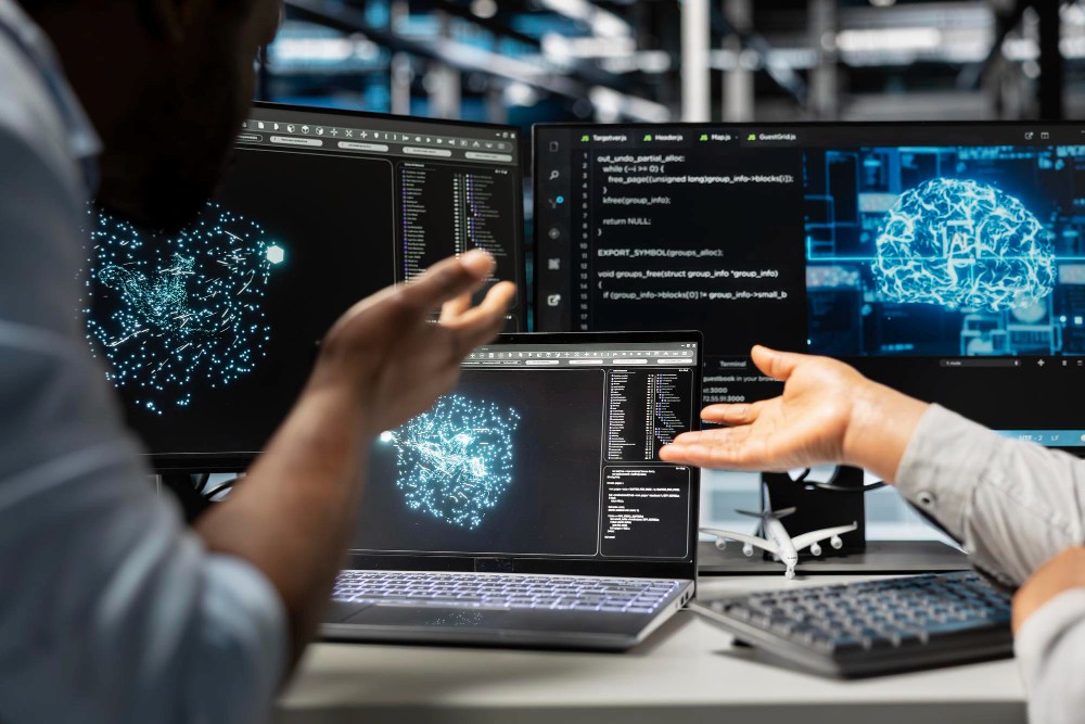 Enterprise AI agents being developed with neural network visualization and code interface