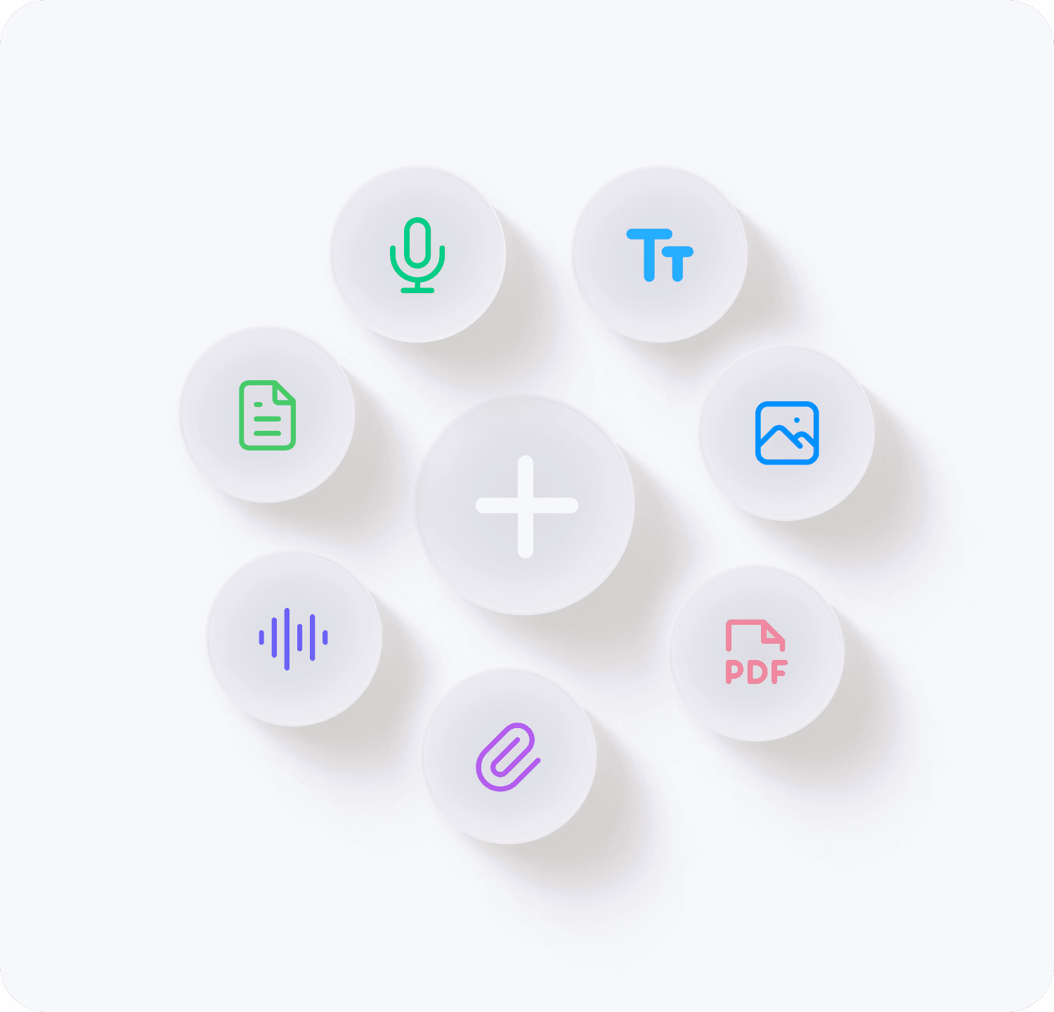 Bubbles with microphone, text, image, pdf, document, voice and paper icons
