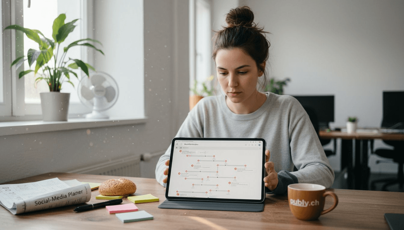 Eine junge Frau verfasst am Arbeitsplatz einen Beitrag für ihre Social-Media-Kanäle.
