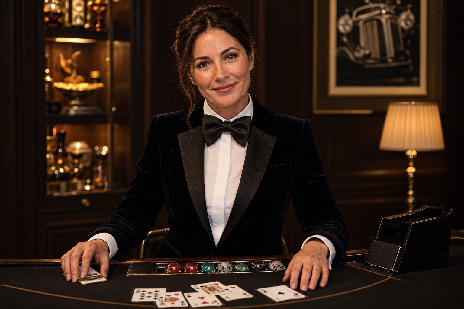 Vrouwelijke croupier achter de blackjacktafel
