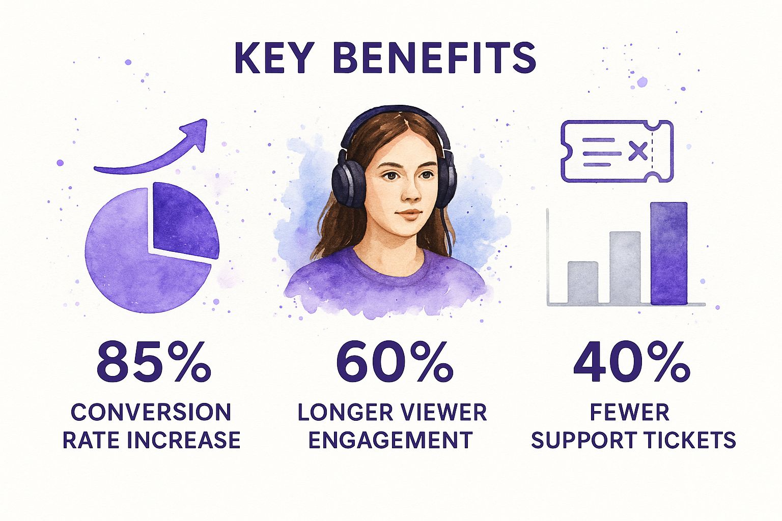 Infographic comparing the benefits of interactive demos, showing an 85% conversion rate increase, 60% longer viewer engagement, and 40% fewer support tickets.