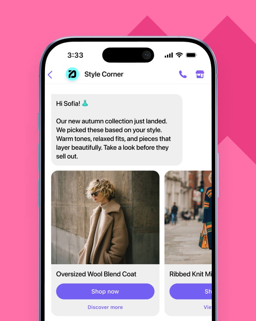 Viber messaging campaign showcasing a personalized, new collection message, targeting women, from a fashion and apparel e-commerce store.