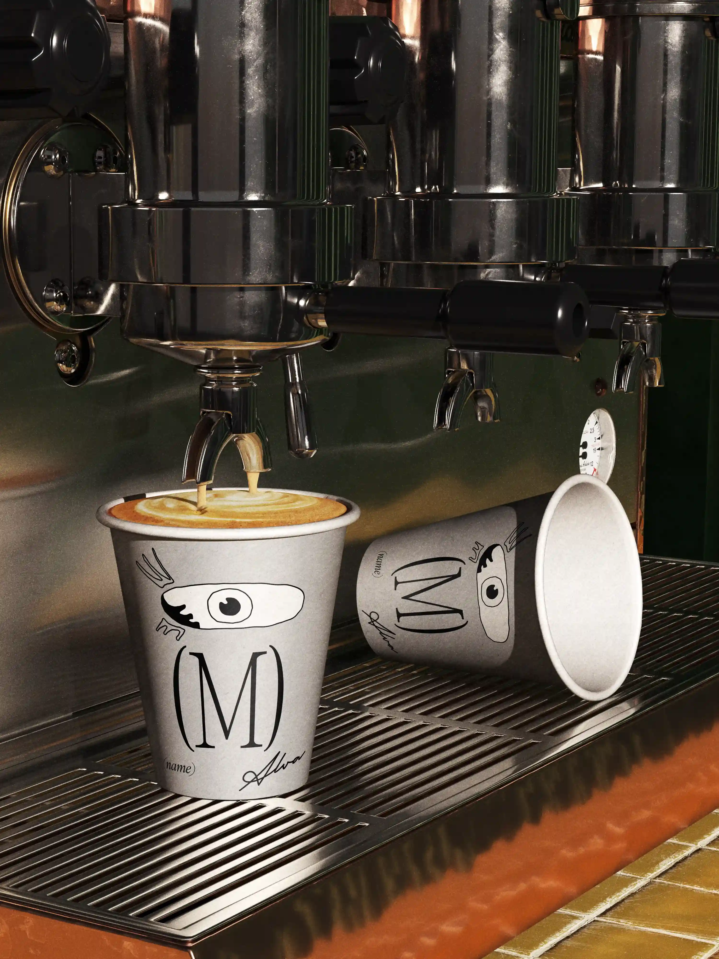 Espresso machine making coffee into Mokko branded paper cup