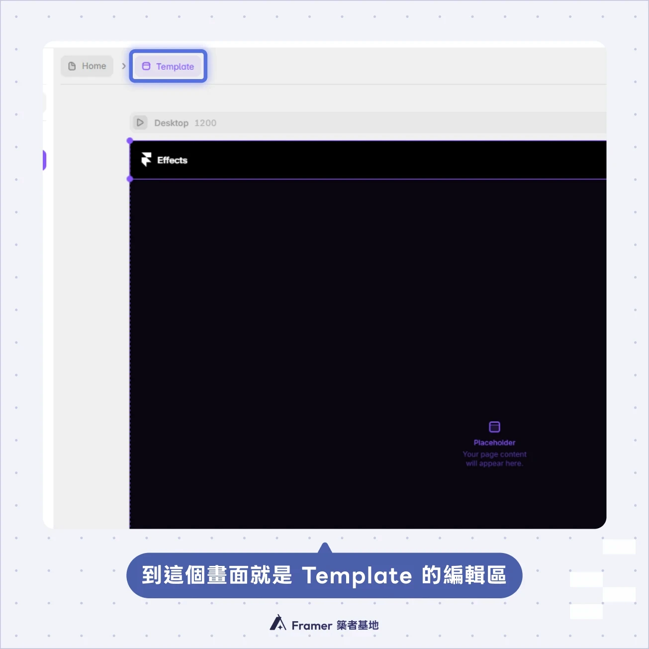 Framer Layout Template 編輯畫布，顯示 Header 與頁面內容 Placeholder 區域