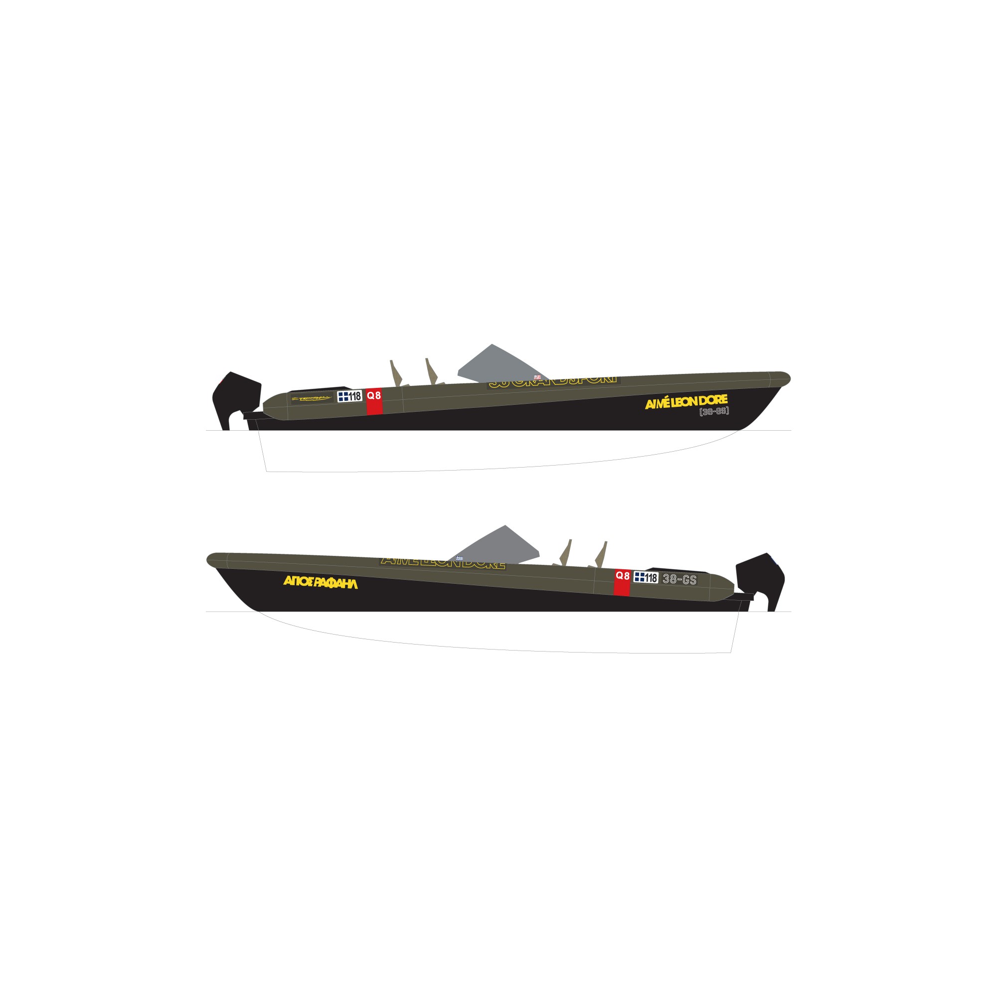 Technical side elevation renders of the Aimé Leon Dore and Technohull speedboat