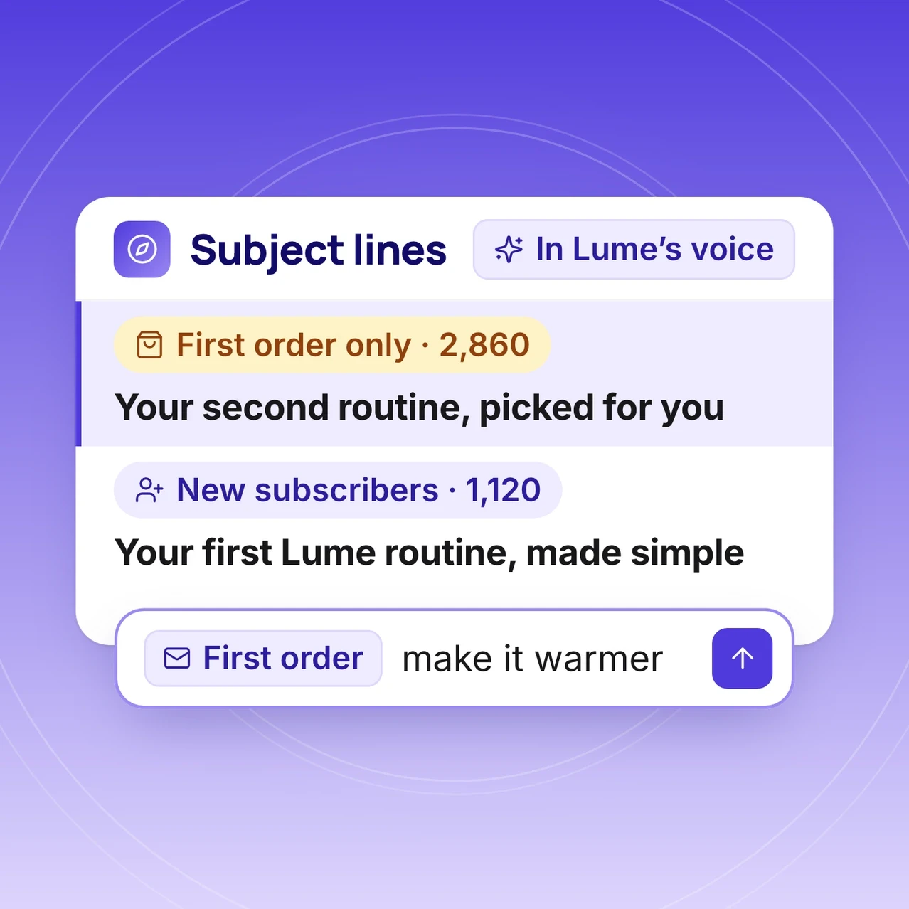 Subject lines written in Lume's voice for first-order buyers and new subscribers, with a 'make it warmer' edit