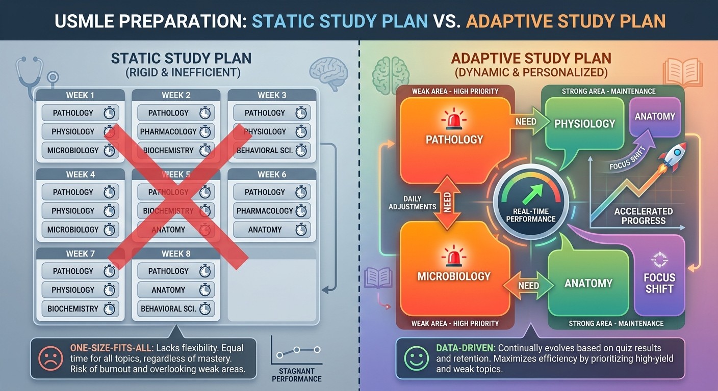 Static vs adaptive USMLE study plans - comparison showing personalized scheduling benefits