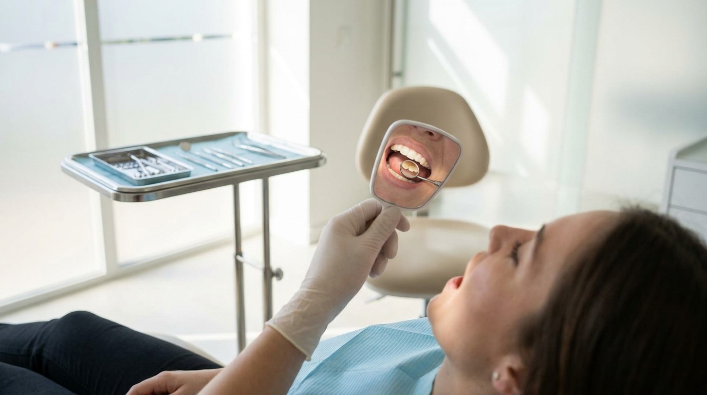 A dentist examines a patient's teeth with a dental mirror to check for decay linked to dry mouth.