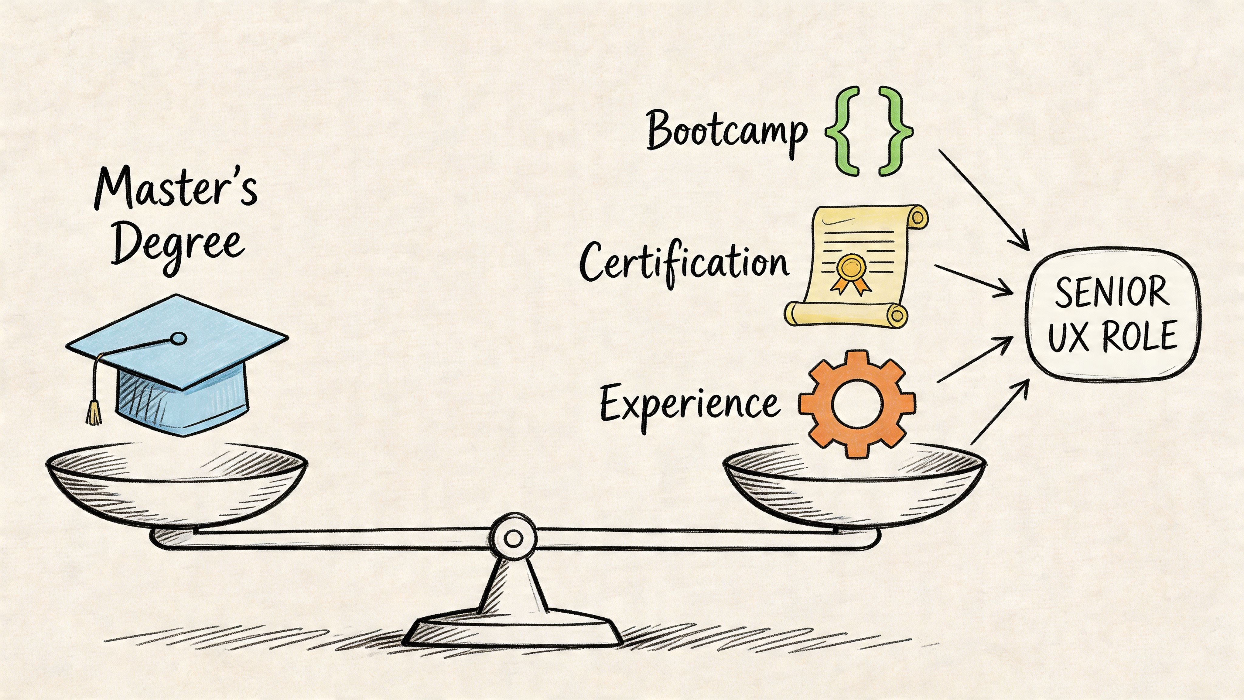 A hand-drawn scale comparing a Master's degree to the combined value of a bootcamp, certification, and professional experience.