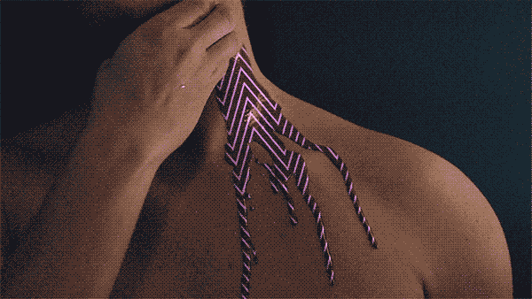 Animated mixed-media artwork showing a figure covering their face as neon pink zigzag-patterned forms emerge and drip from the neck and shoulder area, creating a surreal visual exploring transformation, tension, and metamorphic change.