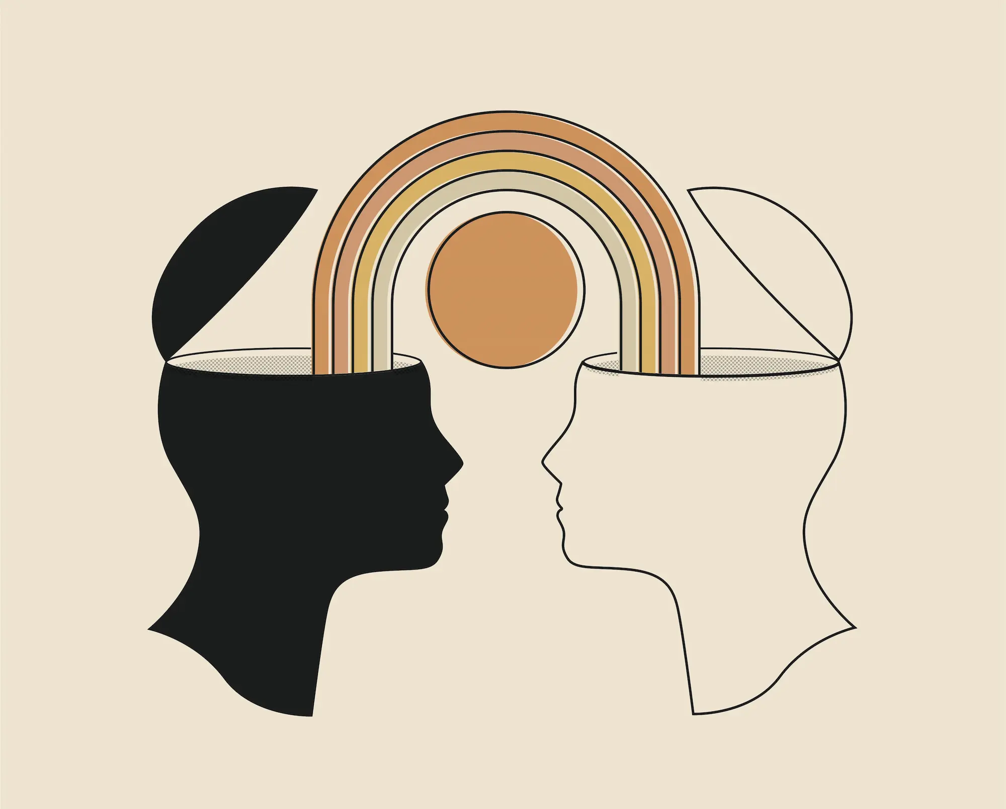 Abstract illustration of two minds connected by a rainbow, symbolizing empathy, emotional connection, and healthy boundaries in mental health and interpersonal relationships.