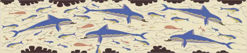 Vibrant mosaic of sharks in an ocean scene.