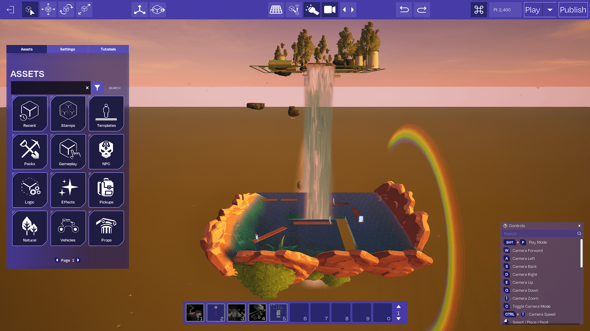Game creation interface in Everywhere showing a floating island environment with asset menus, controls, and world-building tools.