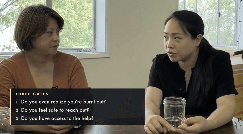 Dr. Joanne Lee and Dr. Deb Ma in conversation, with the three gates on screen: do you even realize you're burnt out, do you feel safe to reach out, do you have access to the help