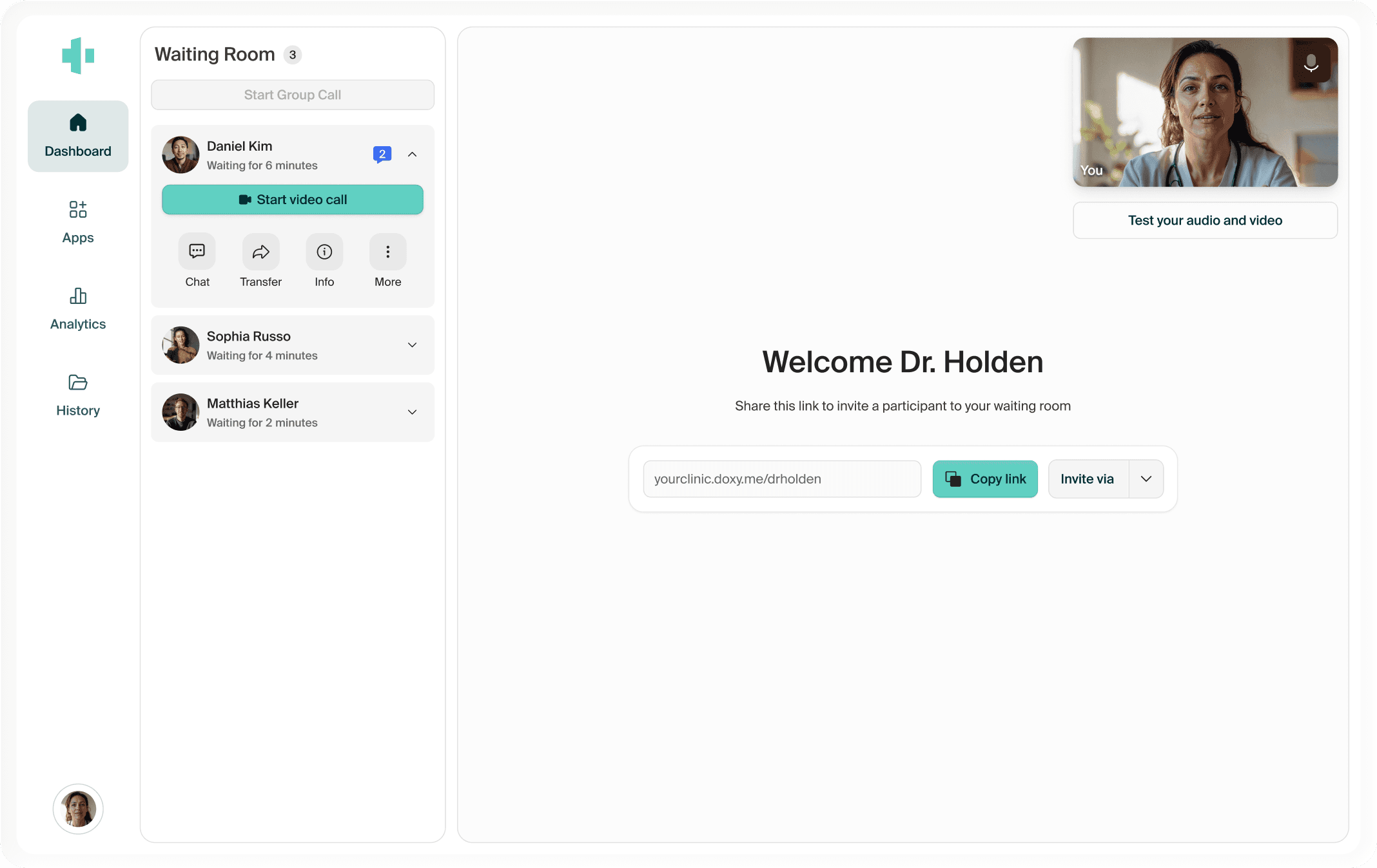 Screenshot of the doxy.me dashboard.