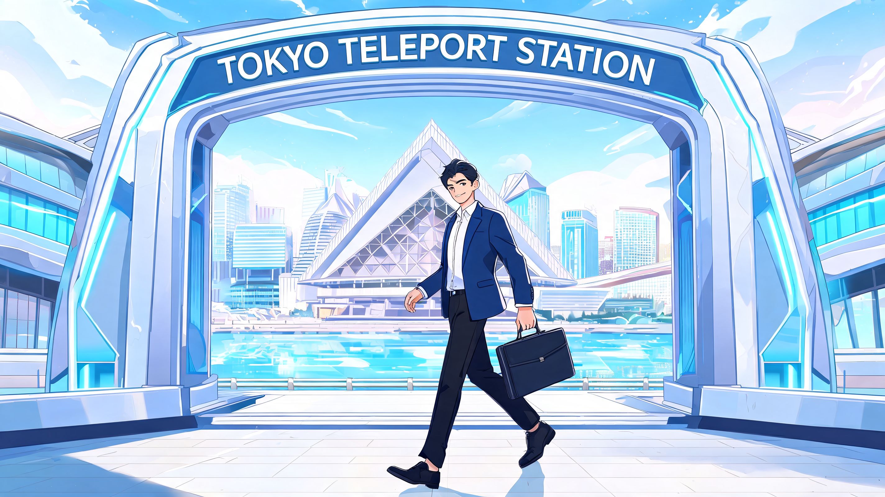 A professional man walking with a briefcase in front of the futuristic Tokyo Teleport Station entrance.