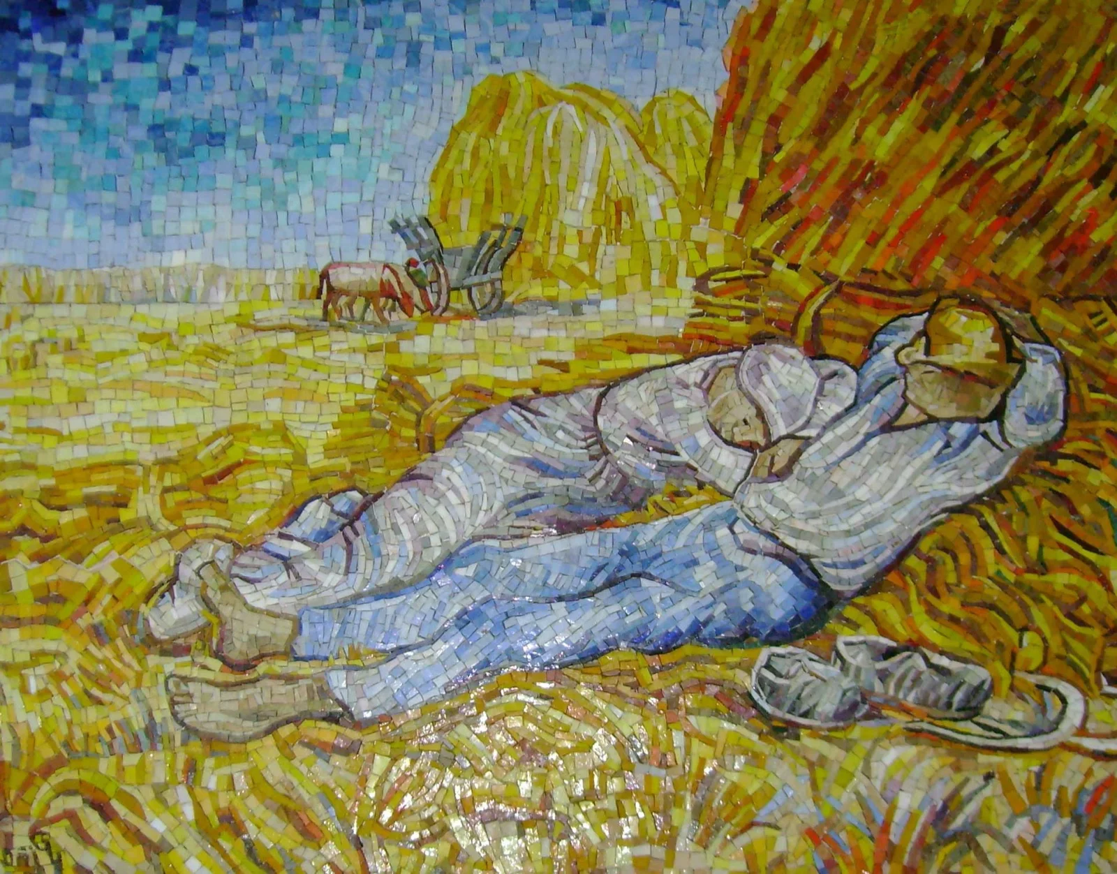 Hand-cut smalti mosaic recreation of Van Gogh's Afternoon Rest (after Millet): two harvesters asleep against a haystack.