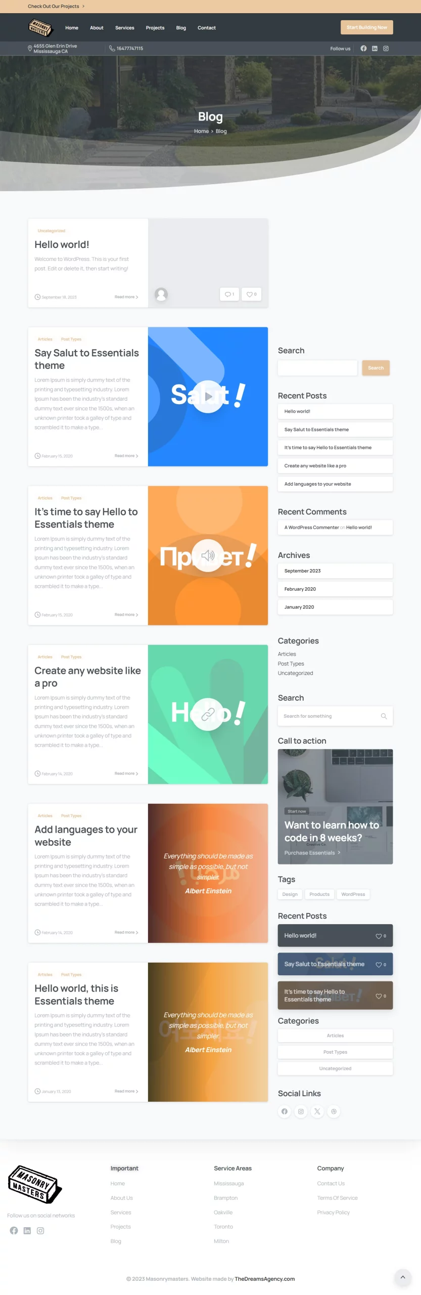 Blog page for Masonry Masters website developed & designed by Dreams Agency Mississauga, Ontario